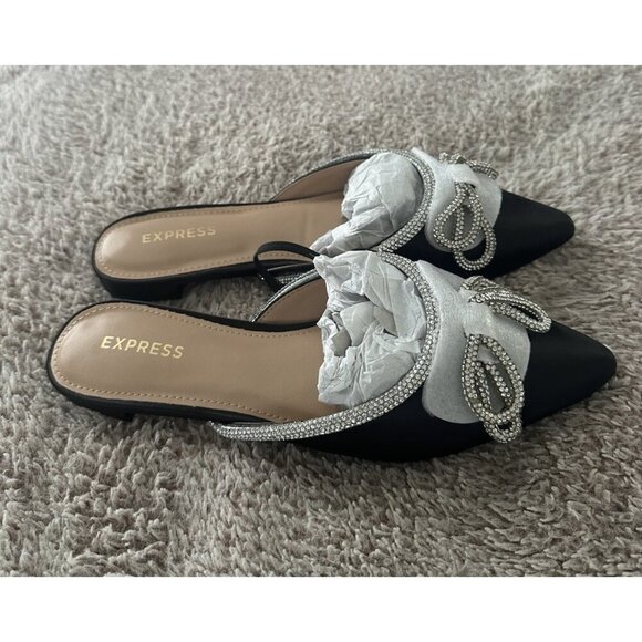 Express Women’s Black Mules Flat  with Bow Detail Size 6 New - Picture 4 of 14